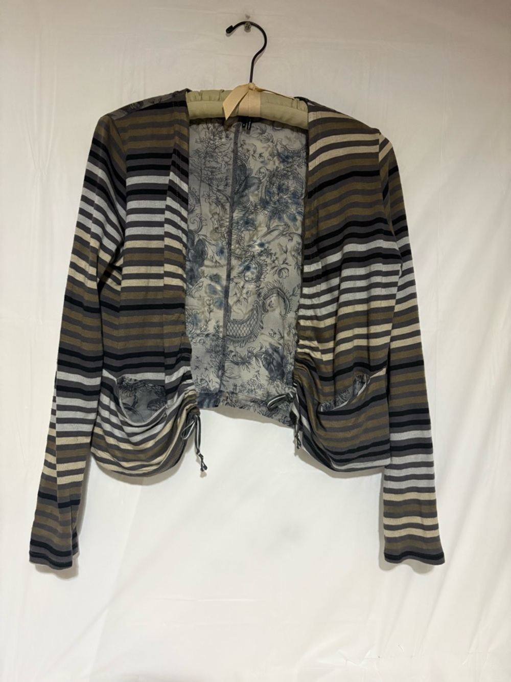 Striped Open-Front Cardigan with Drawstring Hem - Olive, Black & Gray